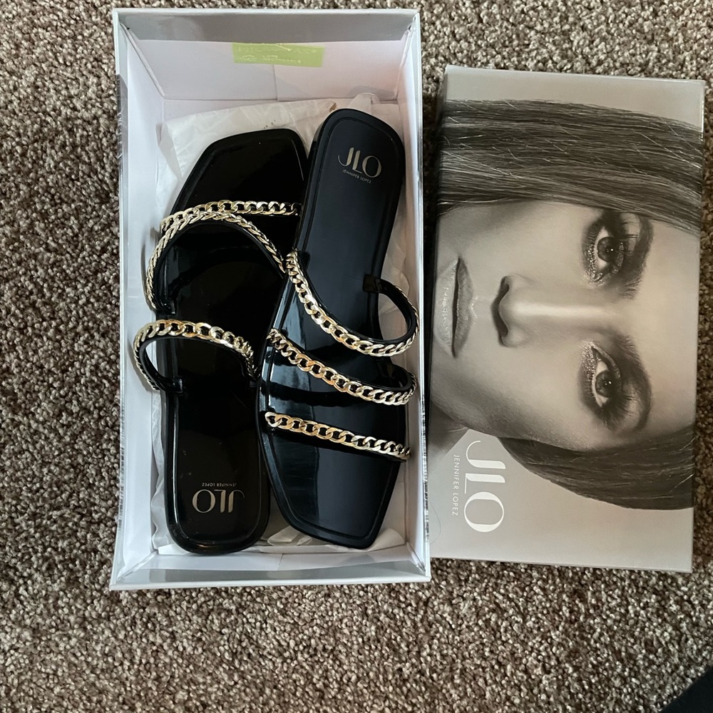 WORN ONCE - Size 9 black with gold chains dressy sandals